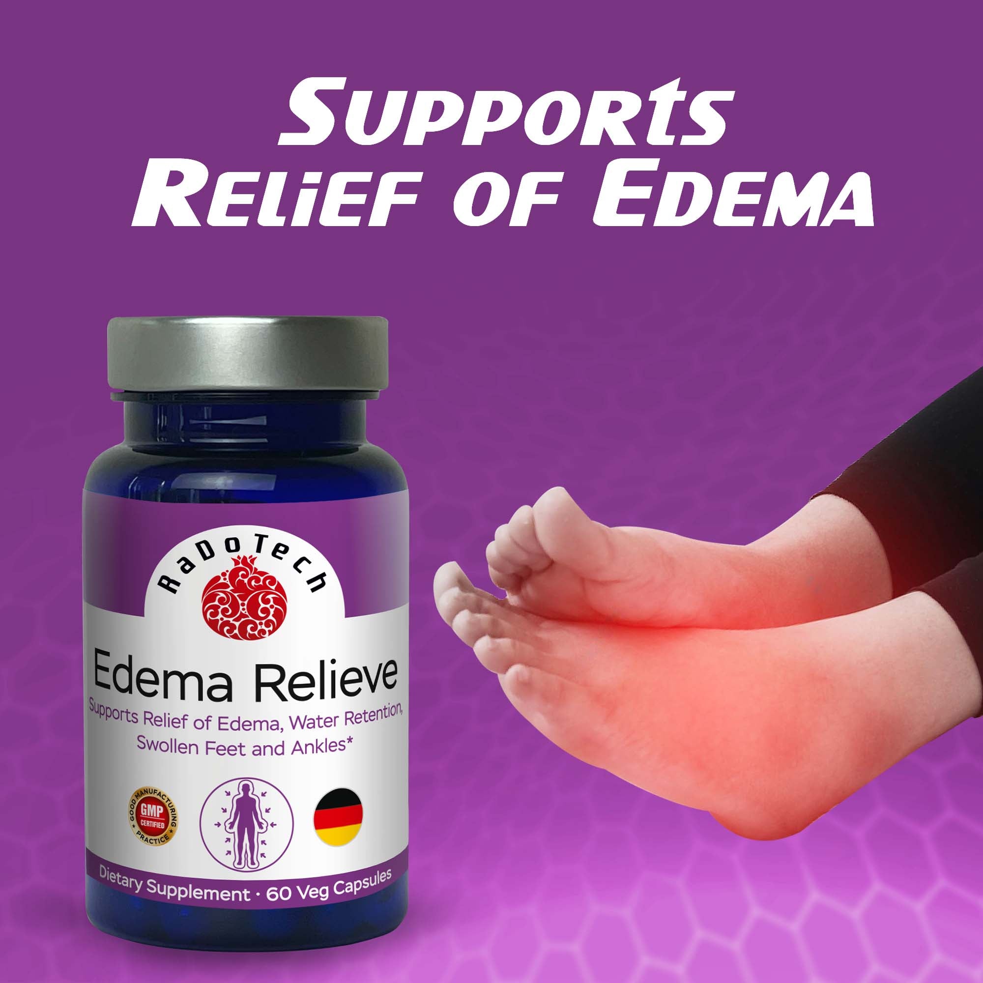 RaDoTech - Edema Relief Water Pills, Natural Diuretics for Water Retention, Foot Swelling Relief, Supports Kidney Cleanse, Reduces Swelling in Ankles, Hands, Arms, 60 Veg Capsules