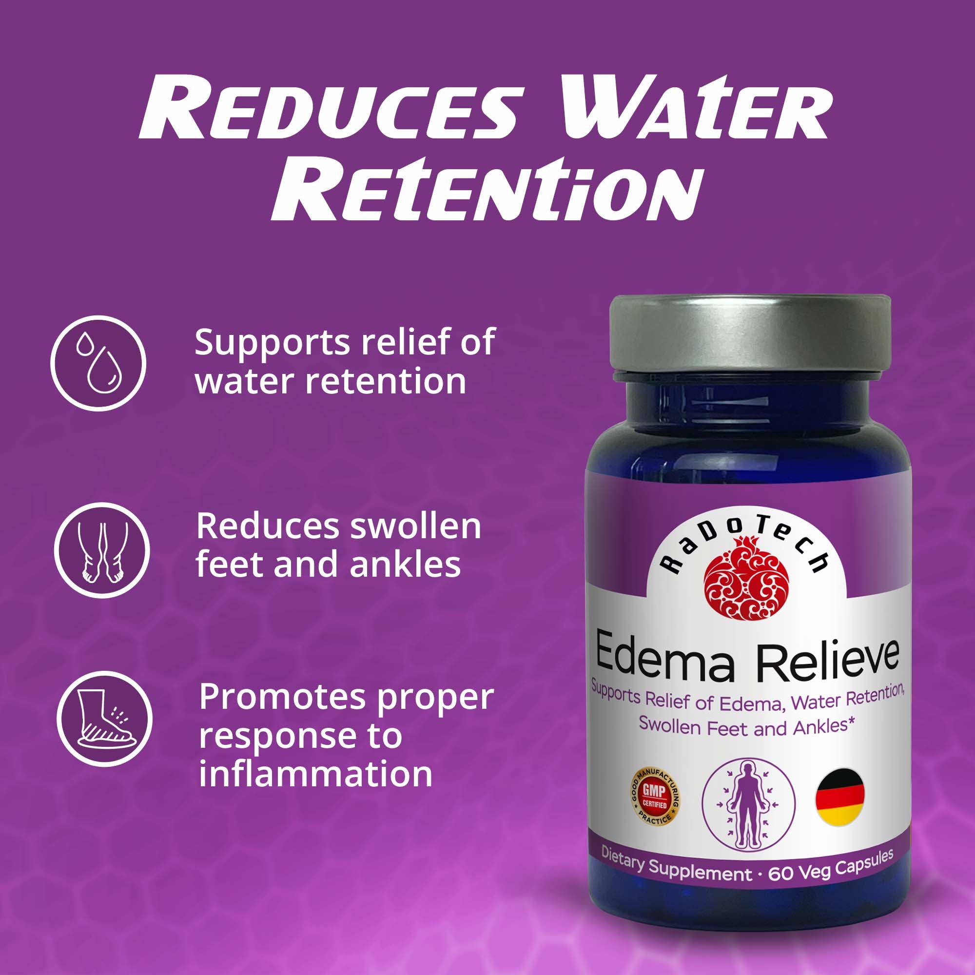 RaDoTech - Edema Relief Water Pills, Natural Diuretics for Water Retention, Foot Swelling Relief, Supports Kidney Cleanse, Reduces Swelling in Ankles, Hands, Arms, 60 Veg Capsules